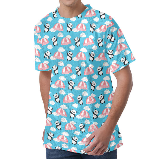 Cute Panda And Parachute Pattern Print Men's Velvet T-Shirt