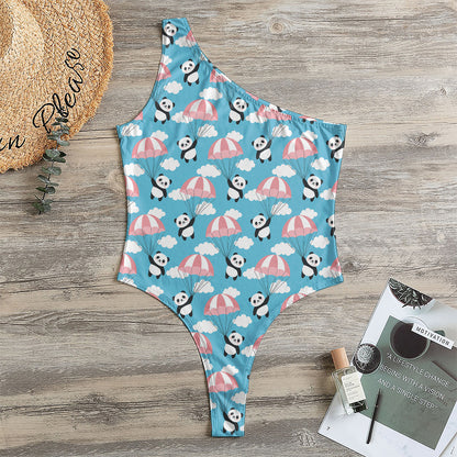 Cute Panda And Parachute Pattern Print One Shoulder Bodysuit