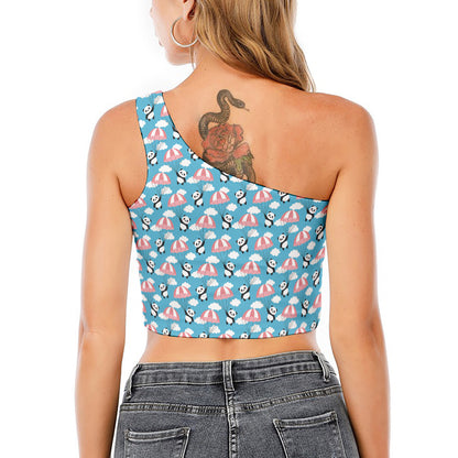 Cute Panda And Parachute Pattern Print One Shoulder Crop Top