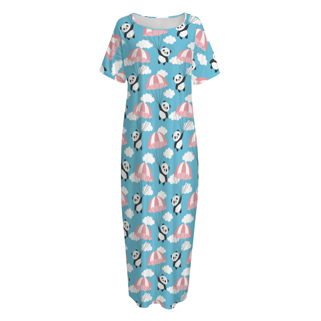 Cute Panda And Parachute Pattern Print Short Sleeve Long Nightdress