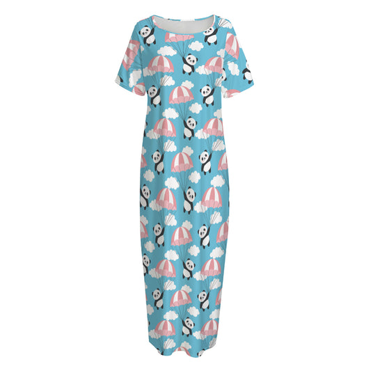 Cute Panda And Parachute Pattern Print Short Sleeve Long Nightdress
