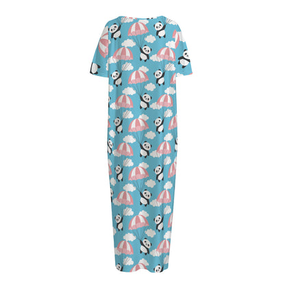 Cute Panda And Parachute Pattern Print Short Sleeve Long Nightdress
