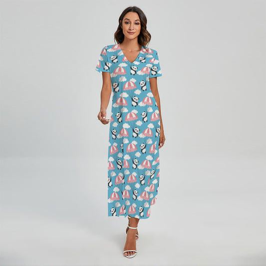 Cute Panda And Parachute Pattern Print Short Sleeve Maxi Dress