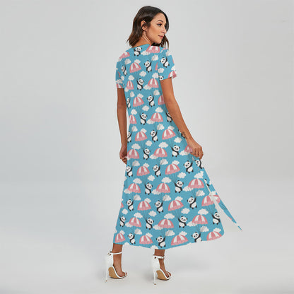 Cute Panda And Parachute Pattern Print Short Sleeve Maxi Dress
