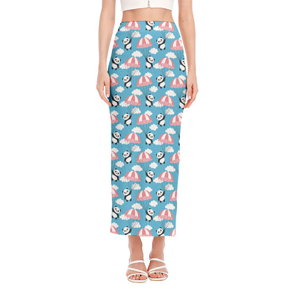 Cute Panda And Parachute Pattern Print Side Slit Maxi Skirt