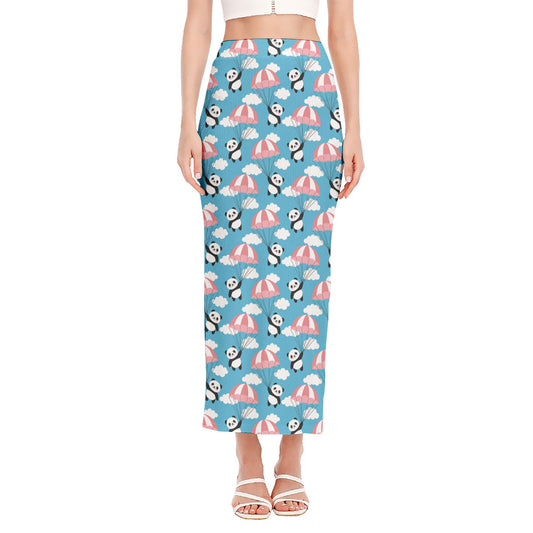 Cute Panda And Parachute Pattern Print Side Slit Maxi Skirt