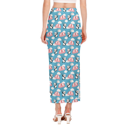 Cute Panda And Parachute Pattern Print Side Slit Maxi Skirt