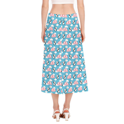 Cute Panda And Parachute Pattern Print Side Slit Midi Skirt