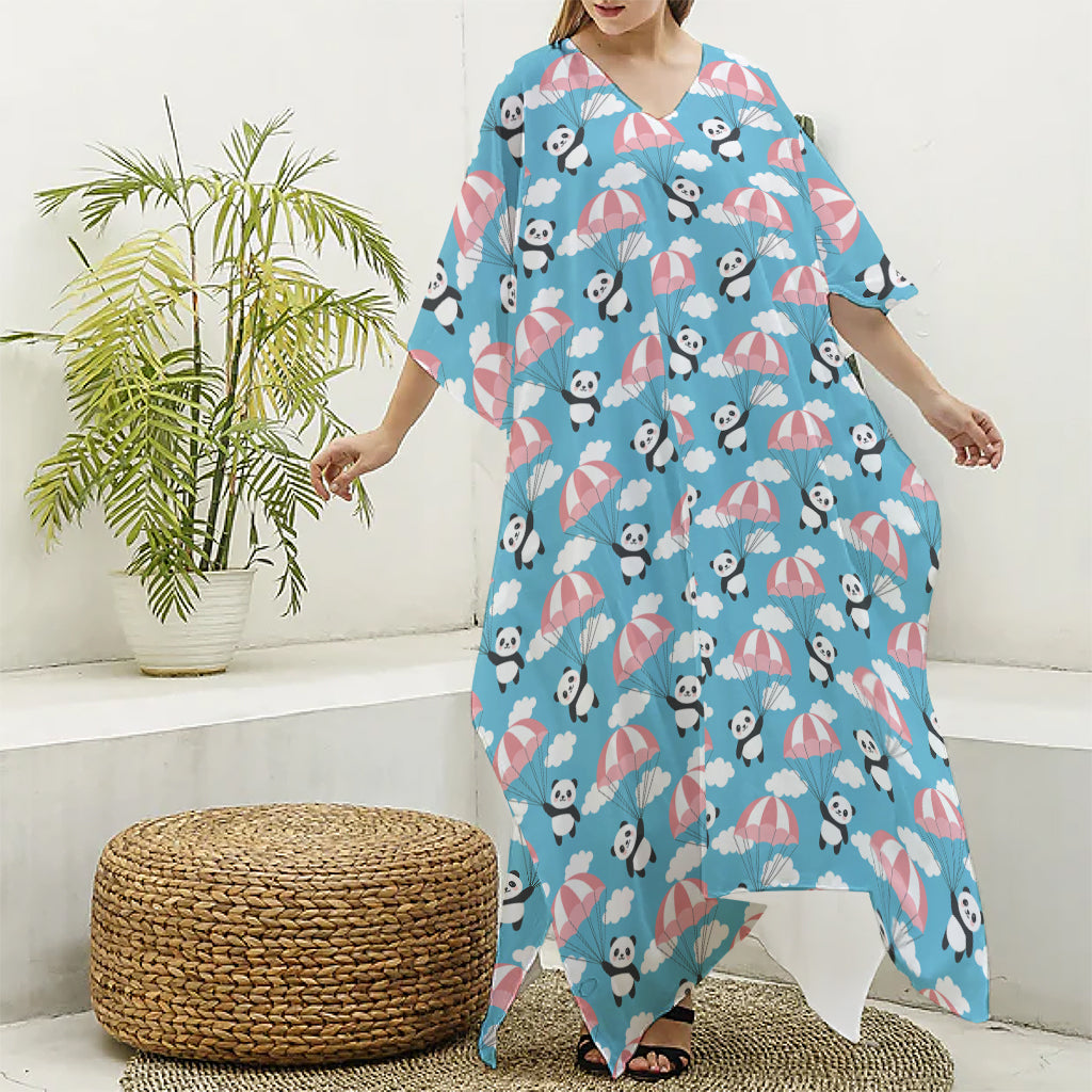 Cute Panda And Parachute Pattern Print Silk V-Neck Kaftan Dress