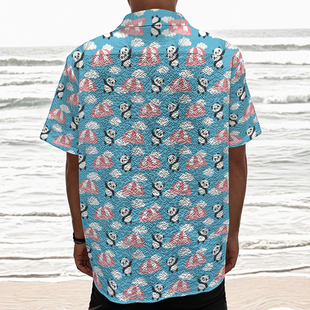 Cute Panda And Parachute Pattern Print Textured Short Sleeve Shirt
