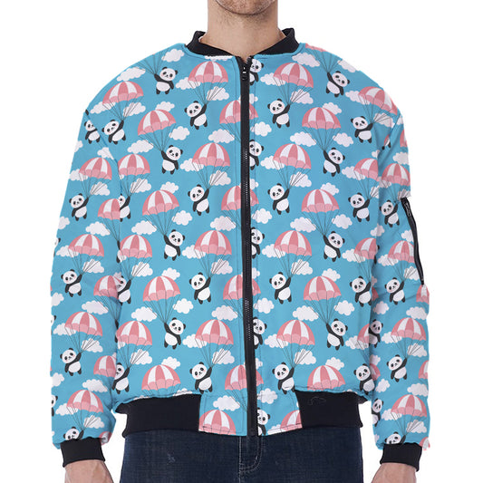 Cute Panda And Parachute Pattern Print Zip Sleeve Bomber Jacket