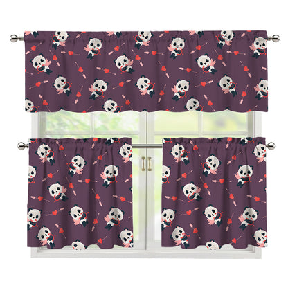 Cute Panda Cupid Valentine Pattern Print 3 Piece Kitchen Curtains