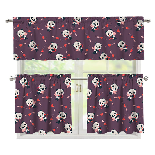 Cute Panda Cupid Valentine Pattern Print 3 Piece Kitchen Curtains