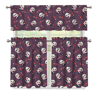 Cute Panda Cupid Valentine Pattern Print 3 Piece Kitchen Curtains