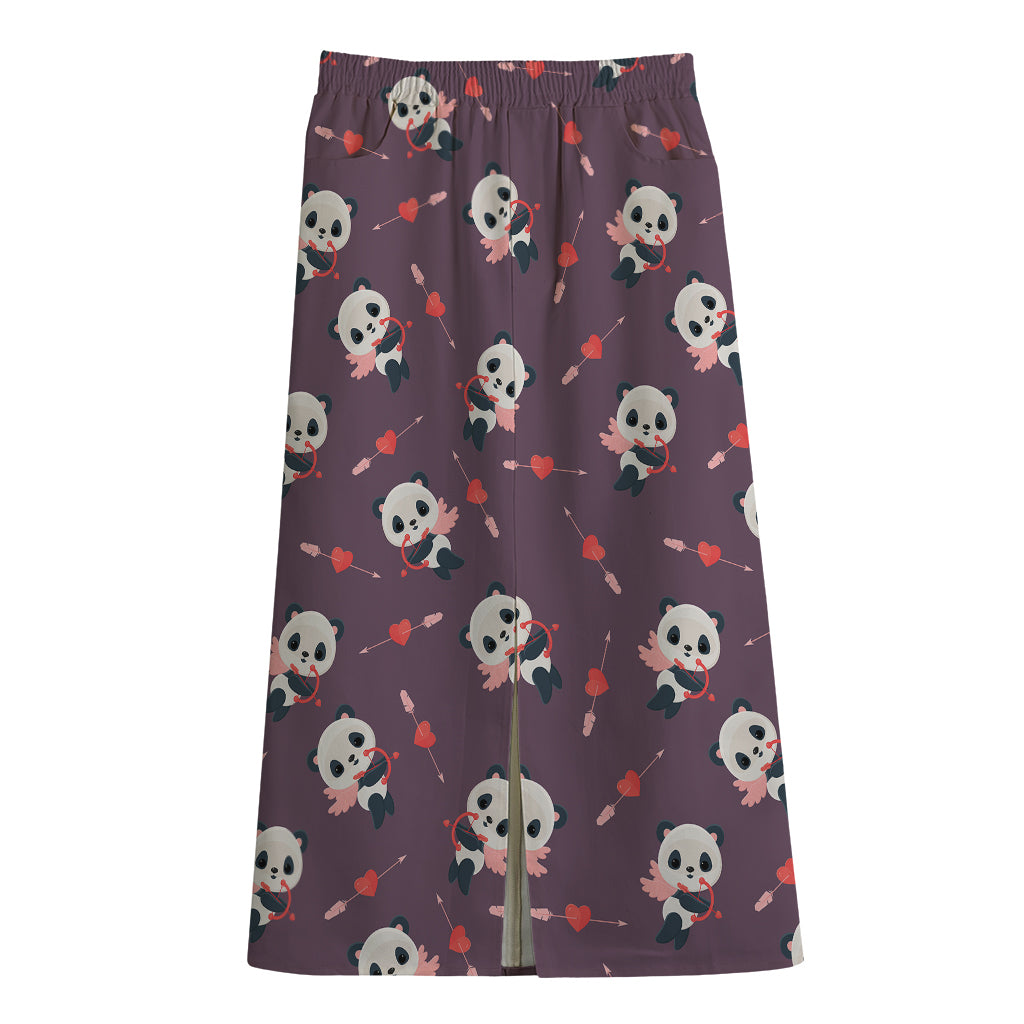 Cute Panda Cupid Valentine Pattern Print Cotton Front Slit Maxi Skirt