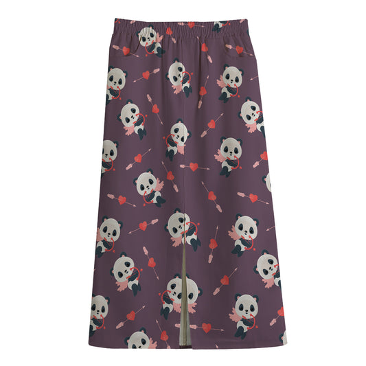 Cute Panda Cupid Valentine Pattern Print Cotton Front Slit Maxi Skirt