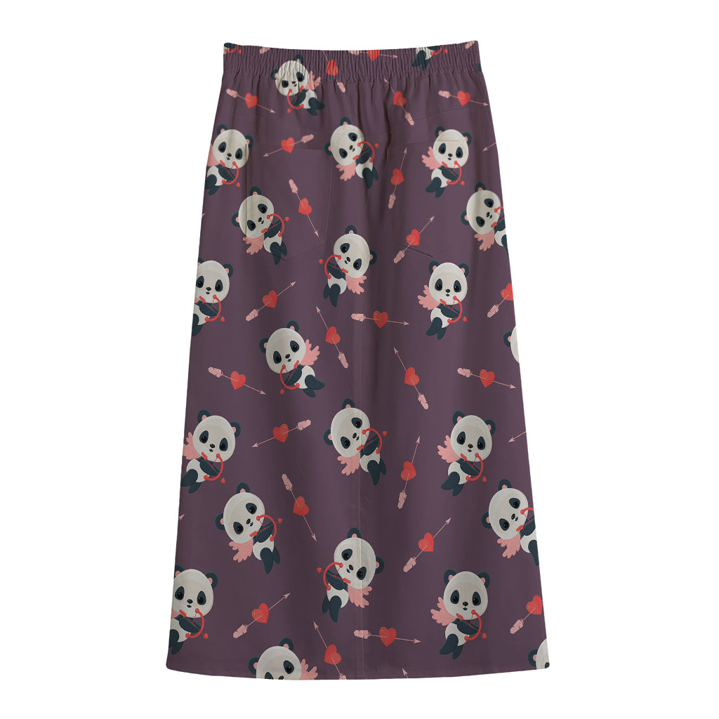 Cute Panda Cupid Valentine Pattern Print Cotton Front Slit Maxi Skirt