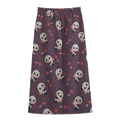 Cute Panda Cupid Valentine Pattern Print Cotton Front Slit Maxi Skirt
