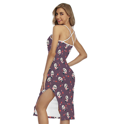 Cute Panda Cupid Valentine Pattern Print Cross Back Cami Dress