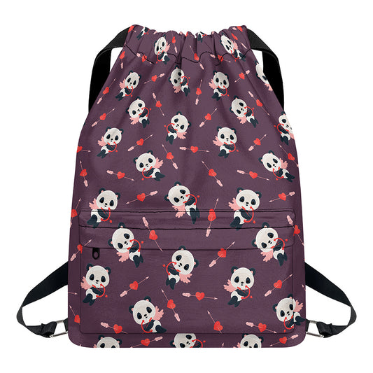 Cute Panda Cupid Valentine Pattern Print Drawstring Backpack