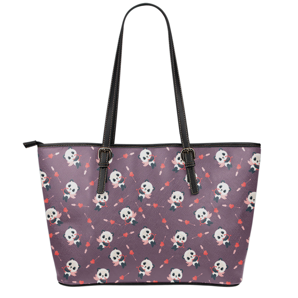 Cute Panda Cupid Valentine Pattern Print Leather Tote Bag