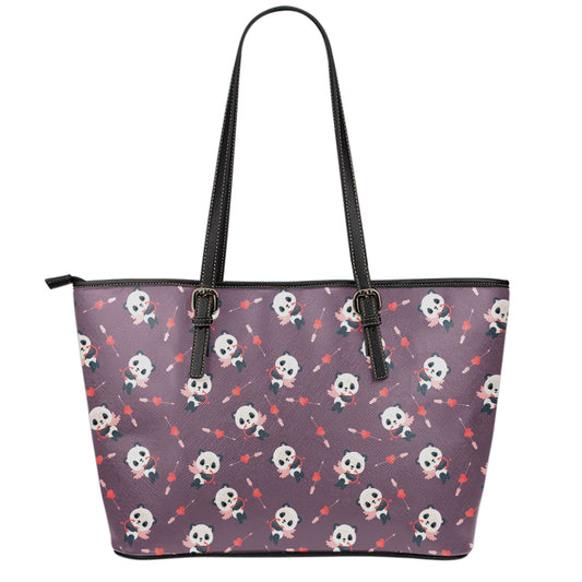Cute Panda Cupid Valentine Pattern Print Leather Tote Bag