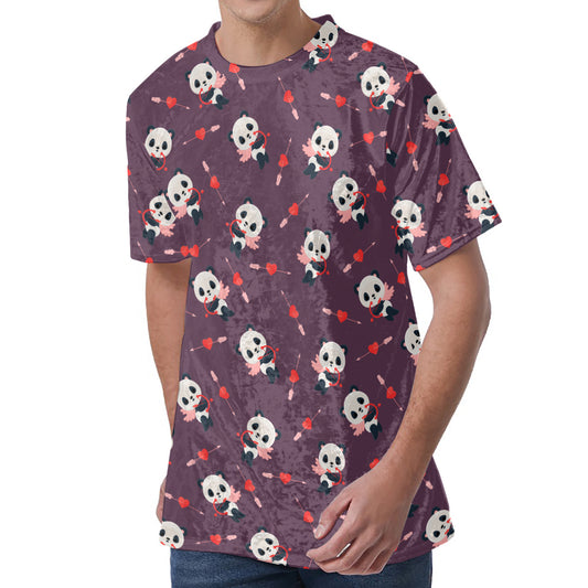 Cute Panda Cupid Valentine Pattern Print Men's Velvet T-Shirt