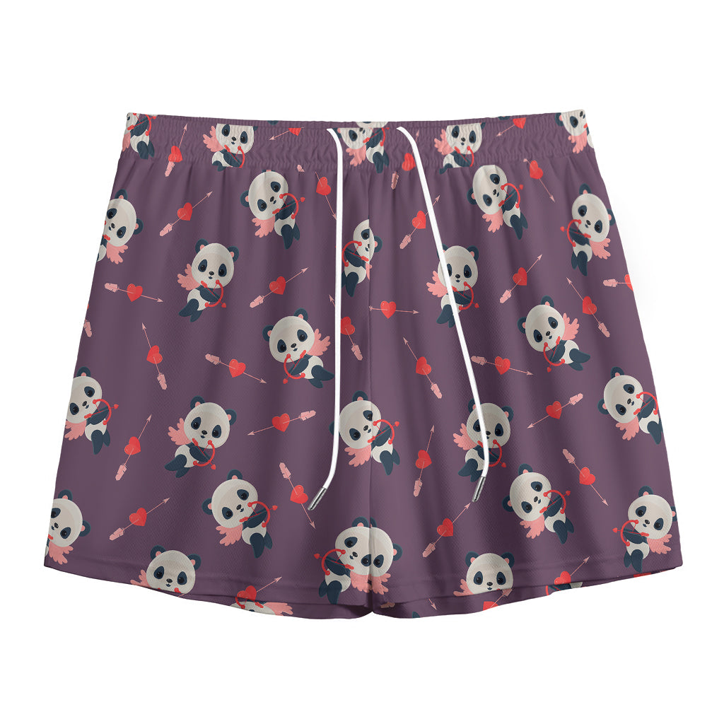 Cute Panda Cupid Valentine Pattern Print Mesh Shorts