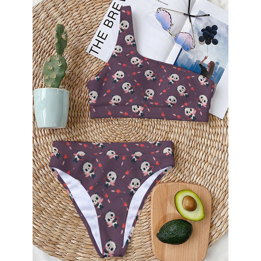 Cute Panda Cupid Valentine Pattern Print One Shoulder Bikini Top