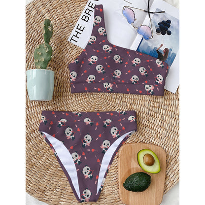 Cute Panda Cupid Valentine Pattern Print One Shoulder Bikini Top