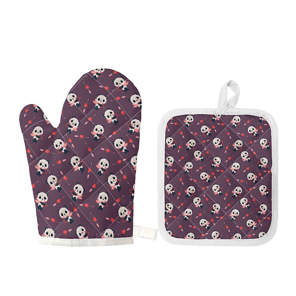 Cute Panda Cupid Valentine Pattern Print Oven Mitt And Pot Holder Set