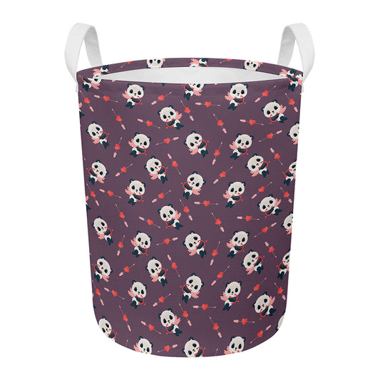 Cute Panda Cupid Valentine Pattern Print Round Laundry Basket