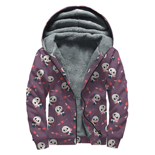 Cute Panda Cupid Valentine Pattern Print Sherpa Lined Zip Up Hoodie