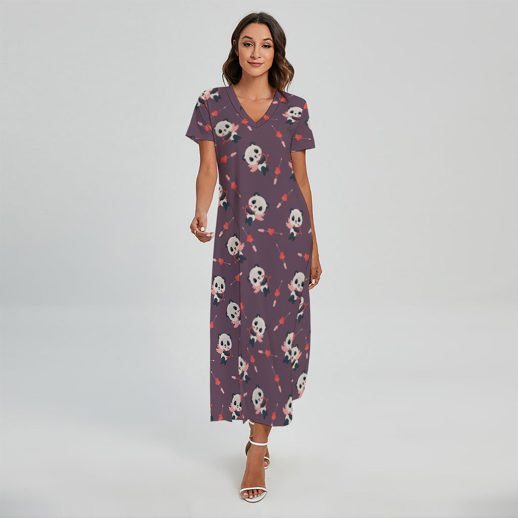 Cute Panda Cupid Valentine Pattern Print Short Sleeve Maxi Dress
