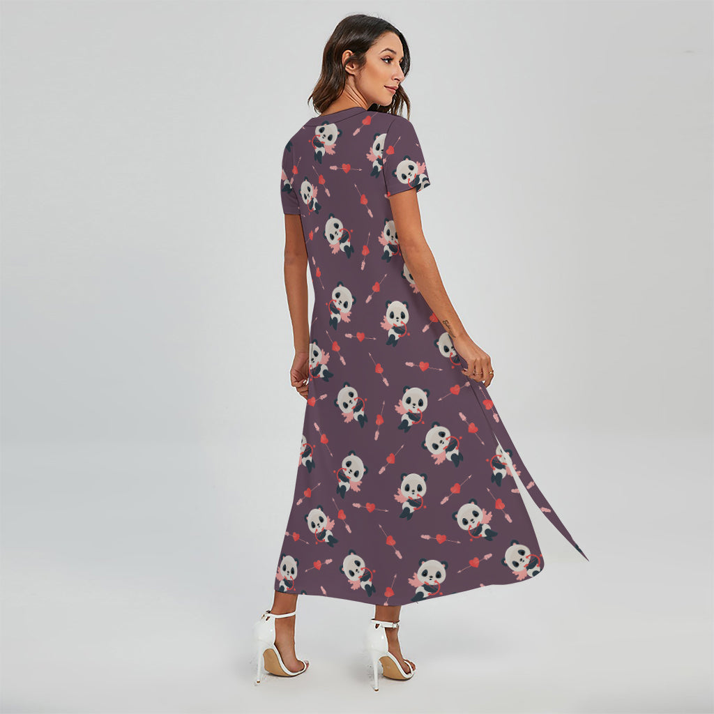 Cute Panda Cupid Valentine Pattern Print Short Sleeve Maxi Dress