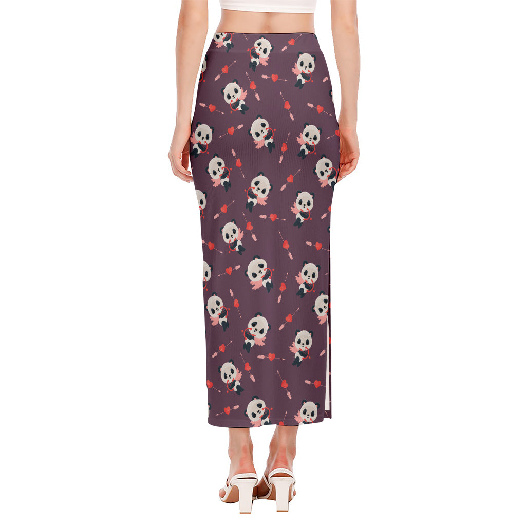 Cute Panda Cupid Valentine Pattern Print Side Slit Maxi Skirt