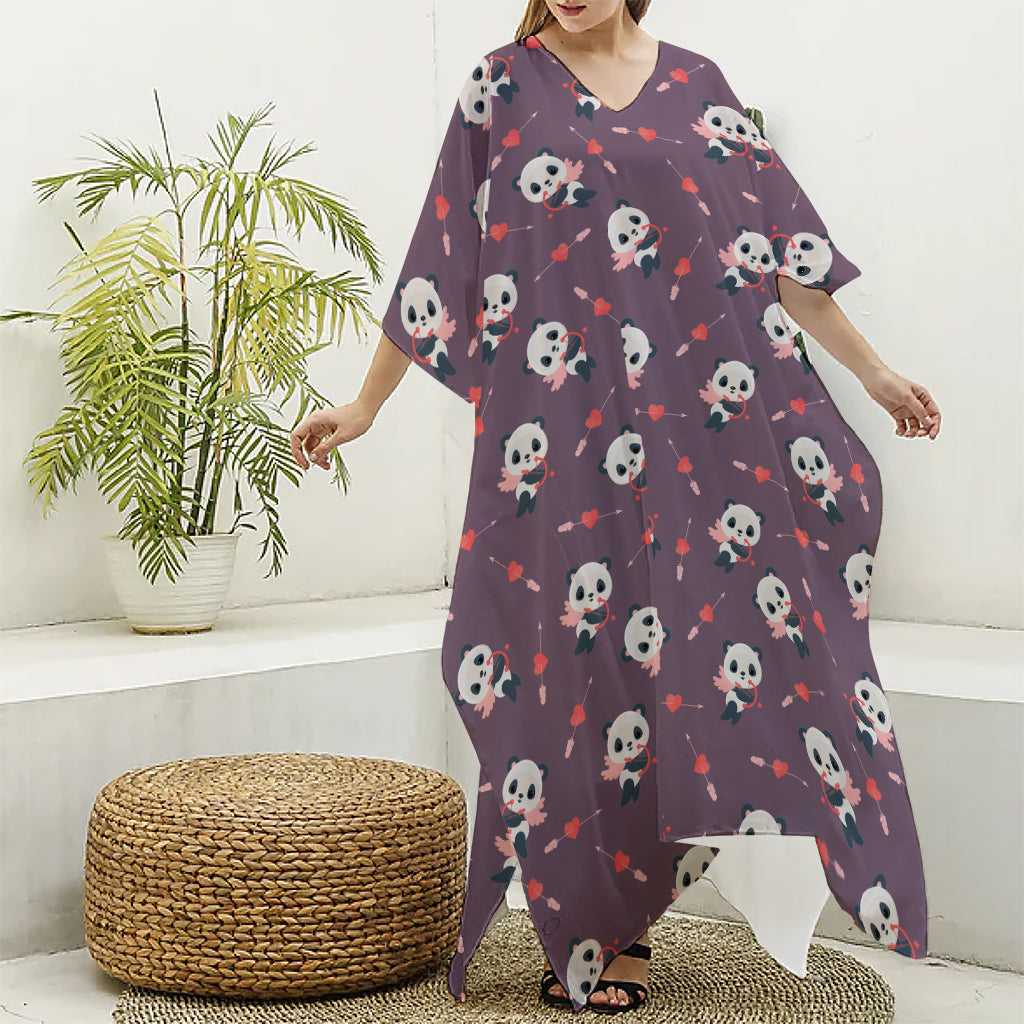 Cute Panda Cupid Valentine Pattern Print Silk V-Neck Kaftan Dress