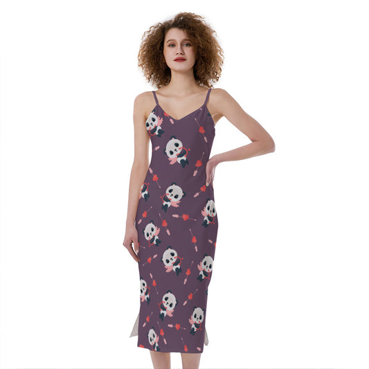 Cute Panda Cupid Valentine Pattern Print Slim Fit Midi Cami Dress