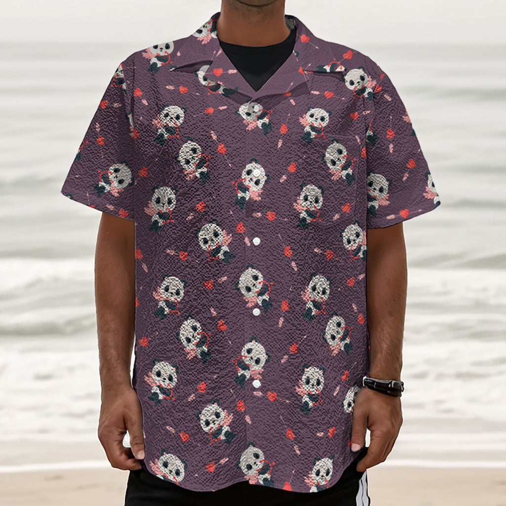 Cute Panda Cupid Valentine Pattern Print Textured Short Sleeve Shirt