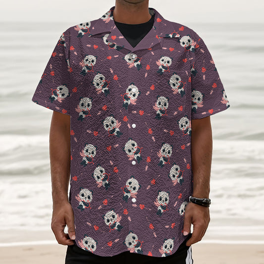 Cute Panda Cupid Valentine Pattern Print Textured Short Sleeve Shirt