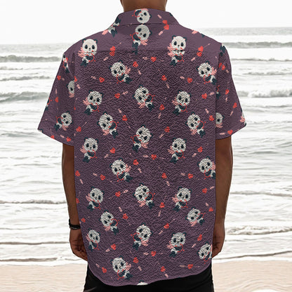 Cute Panda Cupid Valentine Pattern Print Textured Short Sleeve Shirt
