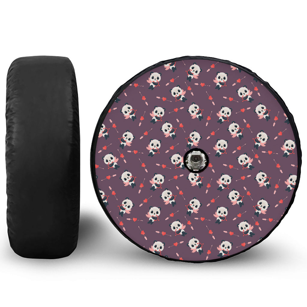 Cute Panda Cupid Valentine Pattern Print Tire Cover With Camera Hole