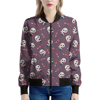 Cute Panda Cupid Valentine Pattern Print Women's Bomber Jacket