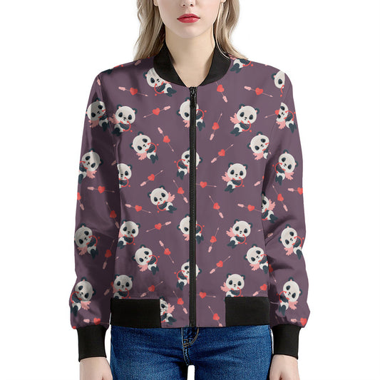 Cute Panda Cupid Valentine Pattern Print Women's Bomber Jacket