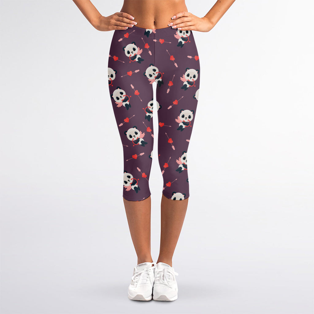 Cute Panda Cupid Valentine Pattern Print Women's Capri Leggings