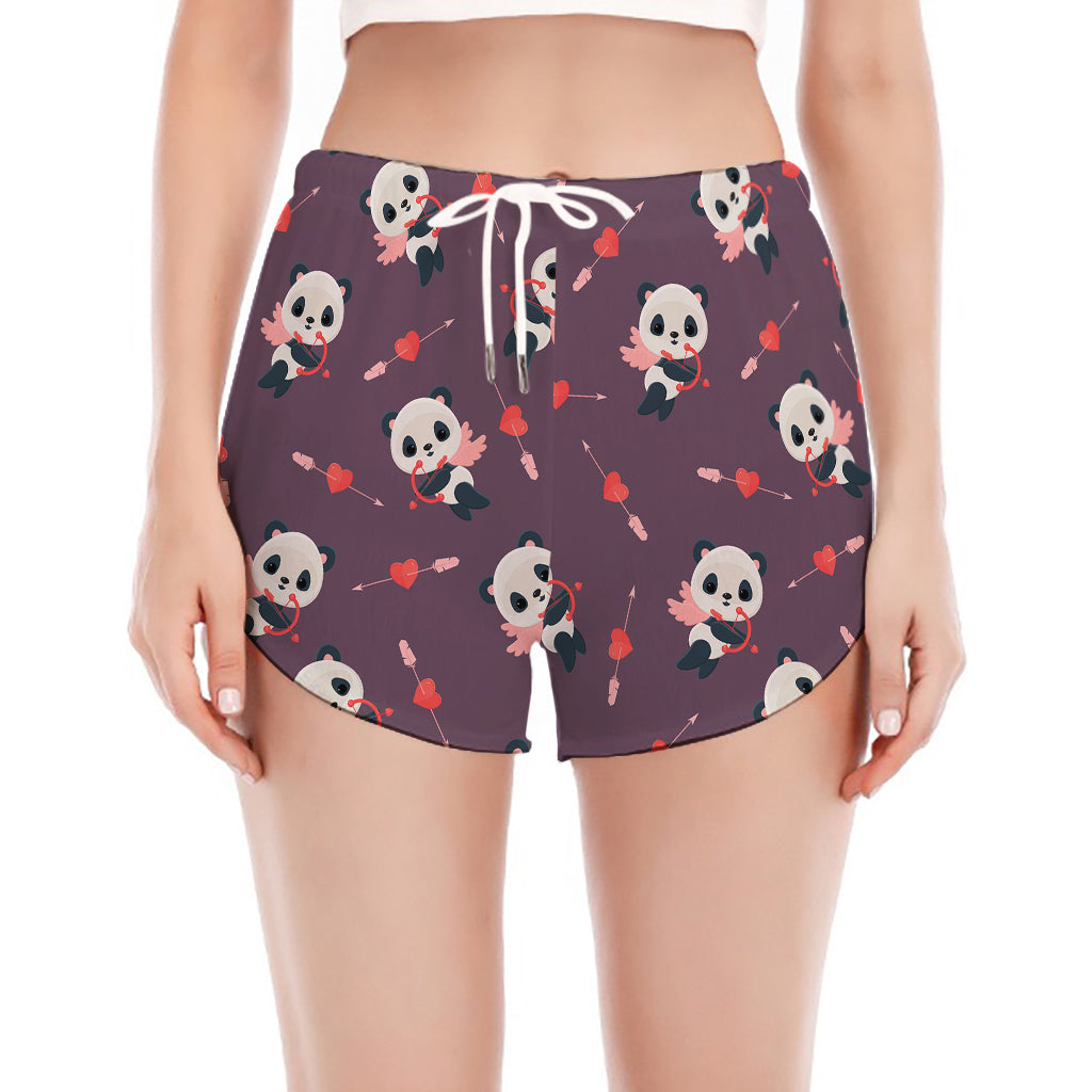 Cute Panda Cupid Valentine Pattern Print Women's Split Running Shorts