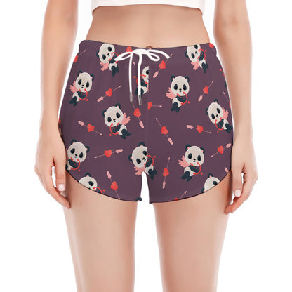Cute Panda Cupid Valentine Pattern Print Women's Split Running Shorts