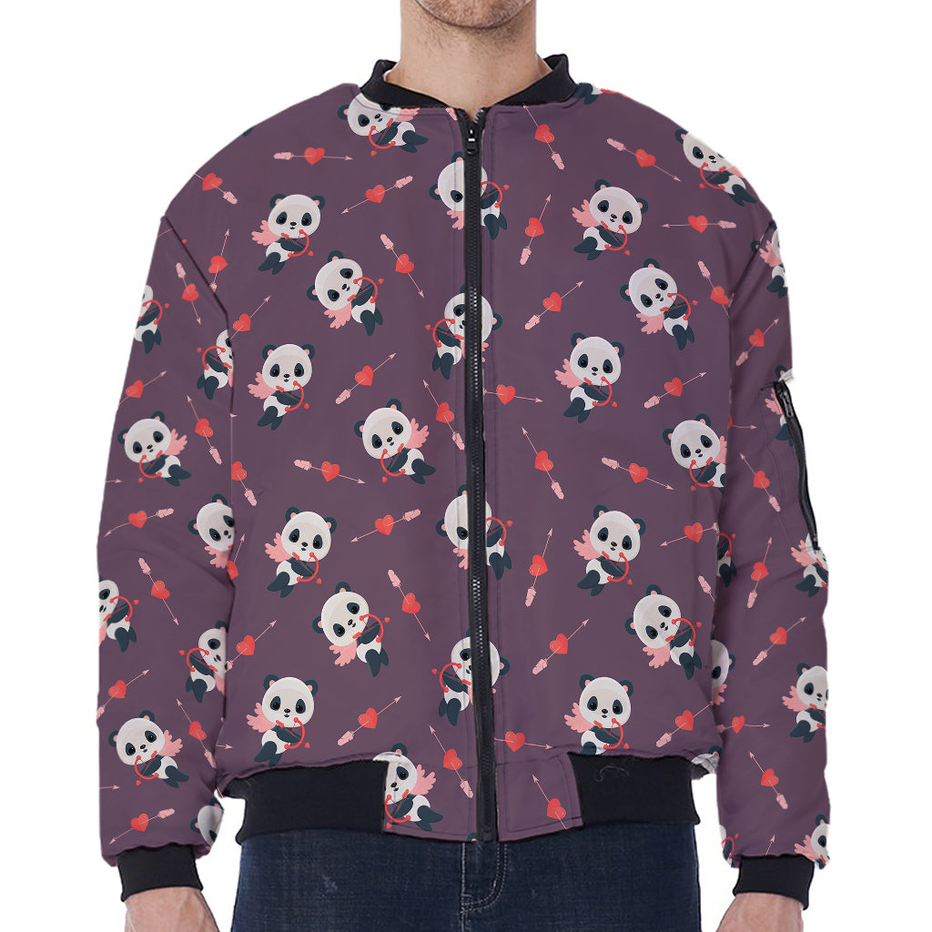Cute Panda Cupid Valentine Pattern Print Zip Sleeve Bomber Jacket