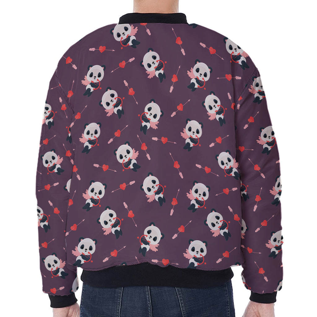 Cute Panda Cupid Valentine Pattern Print Zip Sleeve Bomber Jacket