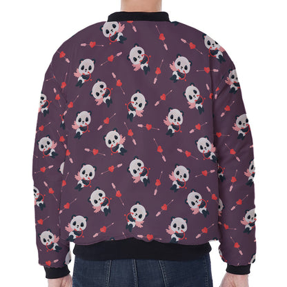 Cute Panda Cupid Valentine Pattern Print Zip Sleeve Bomber Jacket